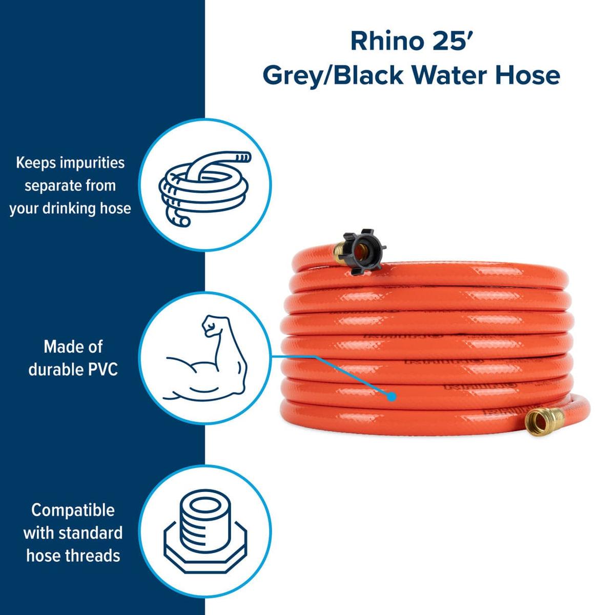Camco Qualifies for Free Shipping Camco Rhinoflex Gray/Black Water Hose 25' Clean Out Hose 5/8" ID #22990
