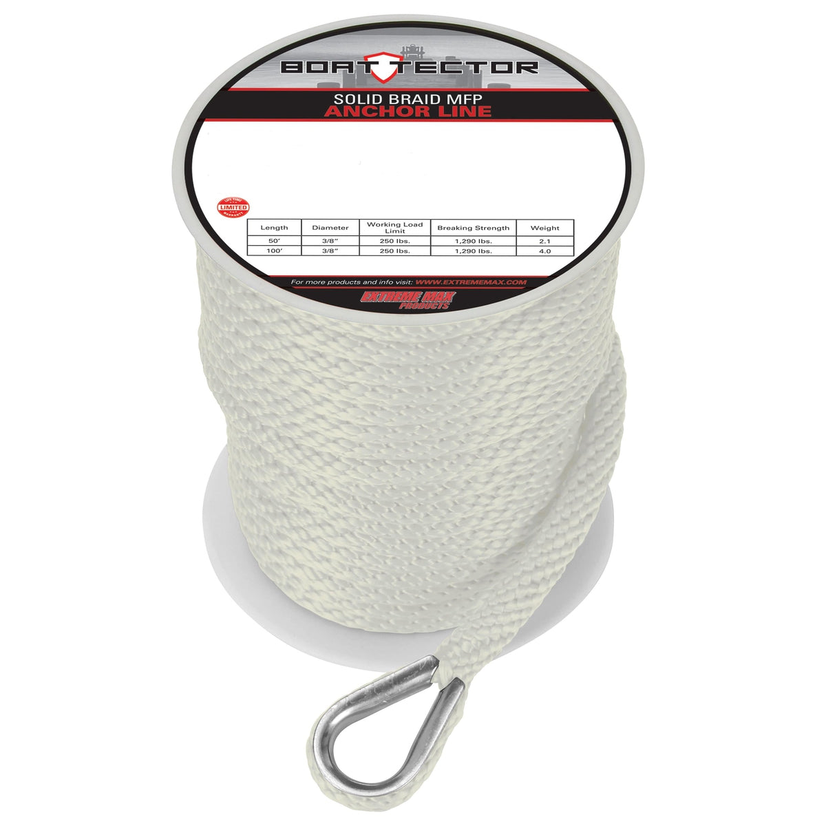 Extreme Max 3006.3458 BoatTector Solid Braid MFP Anchor Line with Thimble - 1/2" x 100