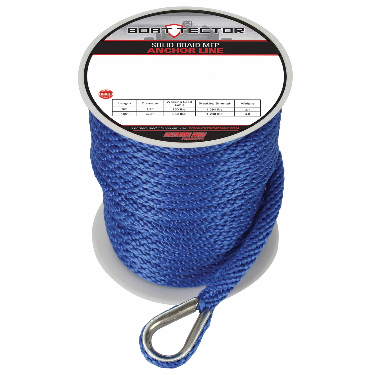 Extreme Max 3006.3482 BoatTector Solid Braid MFP Anchor Line with Thimble - 1/2" x 150