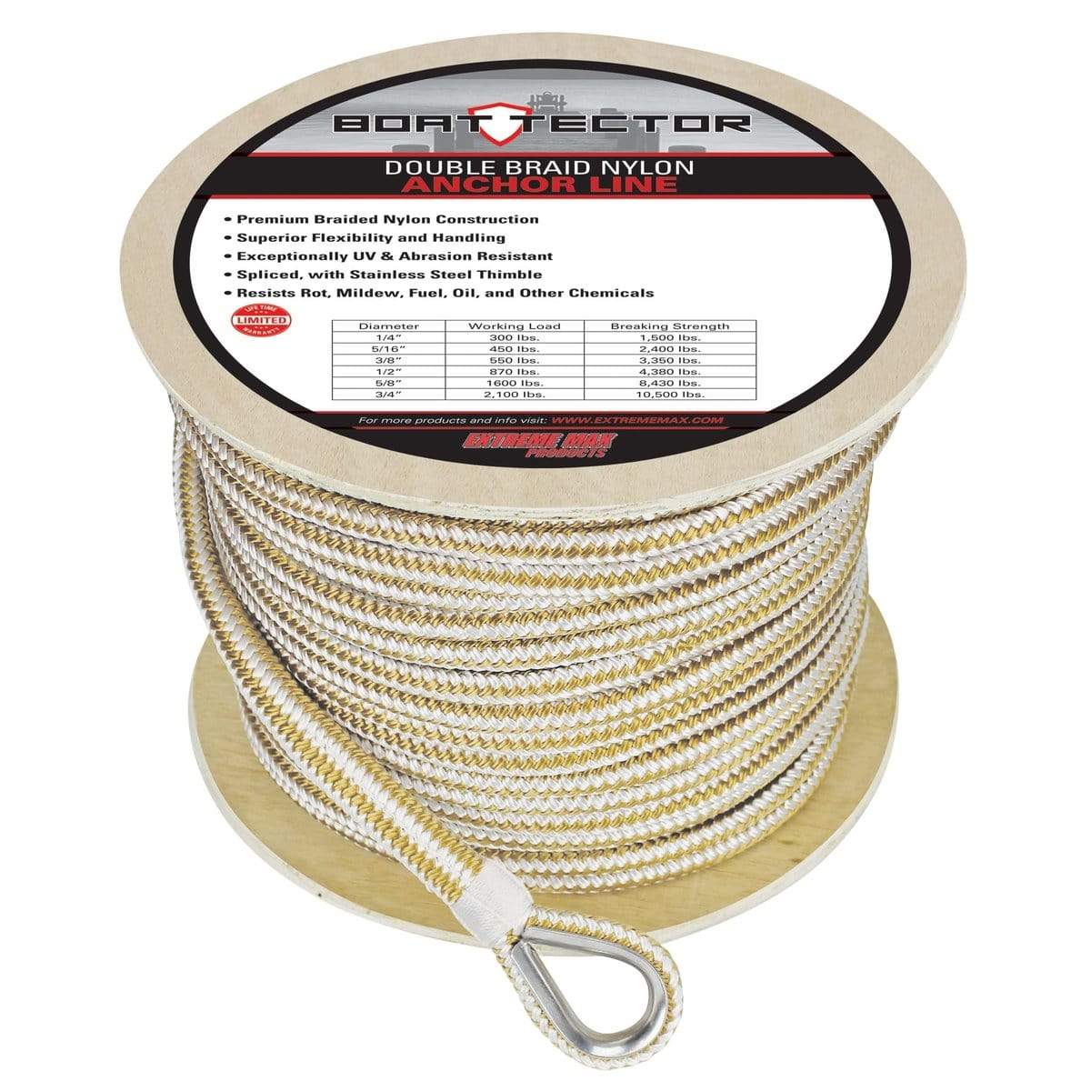 Extreme Max 3006.2264 BoatTector Premium Double Braid Nylon Anchor Line with Thimble - 1/2" x 250