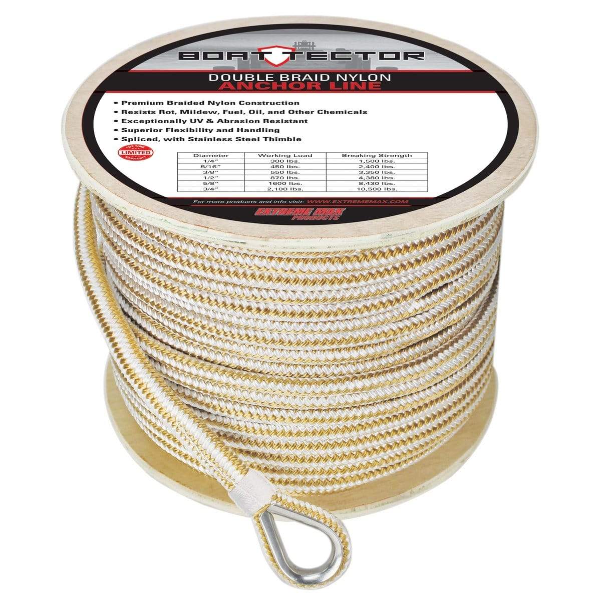 Extreme Max 3006.2267 BoatTector Premium Double Braid Nylon Anchor Line with Thimble - 1/2" x 300