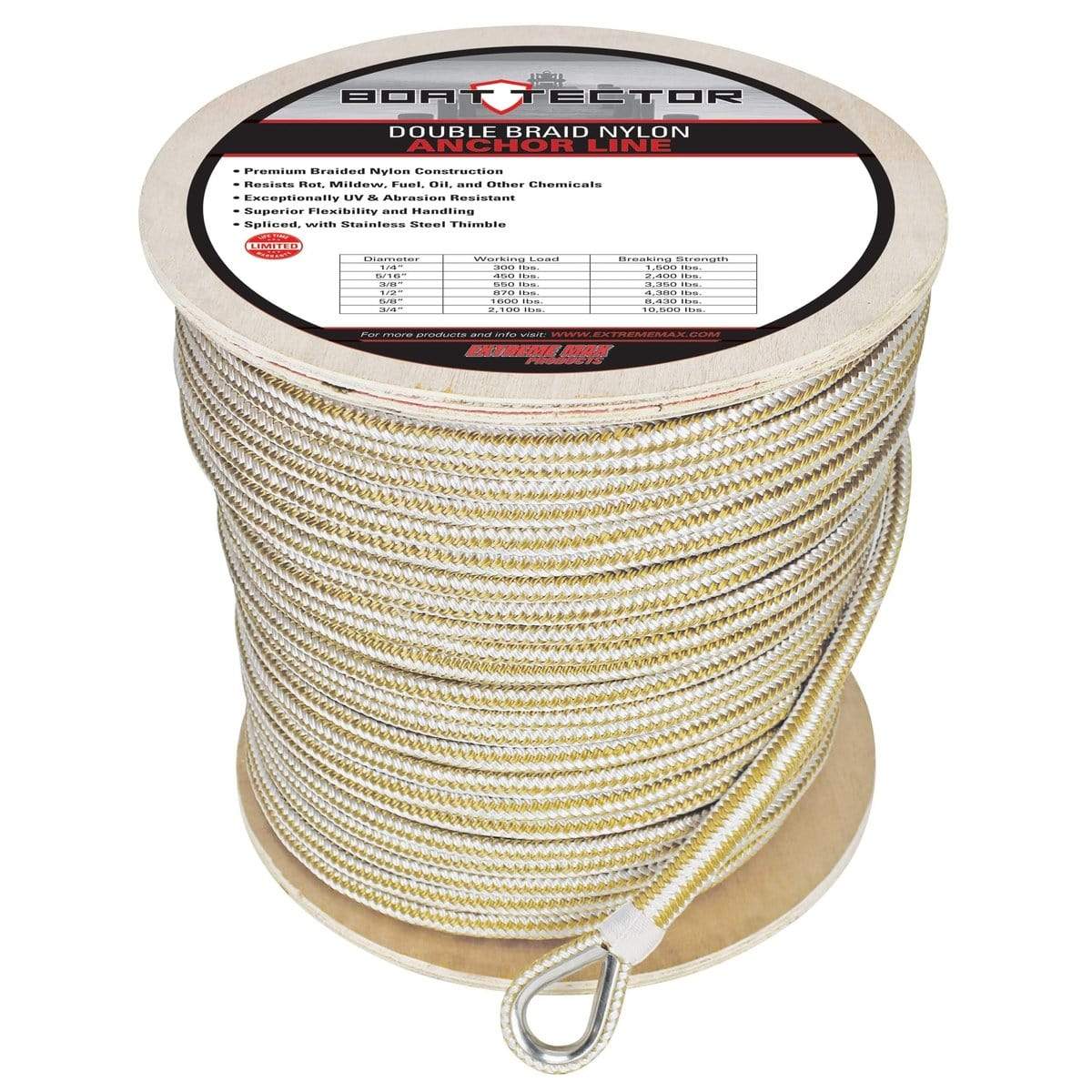 Extreme Max 3006.2376 BoatTector Premium Double Braid Nylon Anchor Line with Thimble - 1/2" x 800