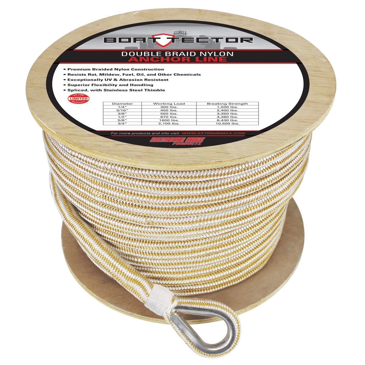 Extreme Max 3006.2349 BoatTector Premium Double Braid Nylon Anchor Line with Thimble - 3/4" x 600
