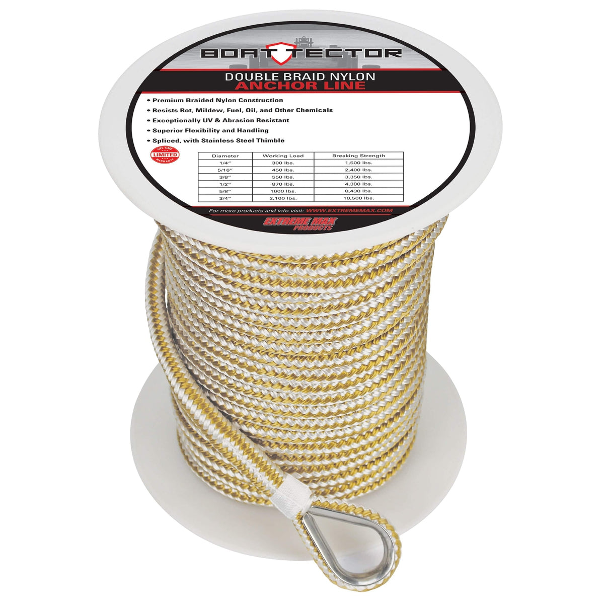 Extreme Max 3006.2246 BoatTector Premium Double Braid Nylon Anchor Line with Thimble - 3/8" x 150