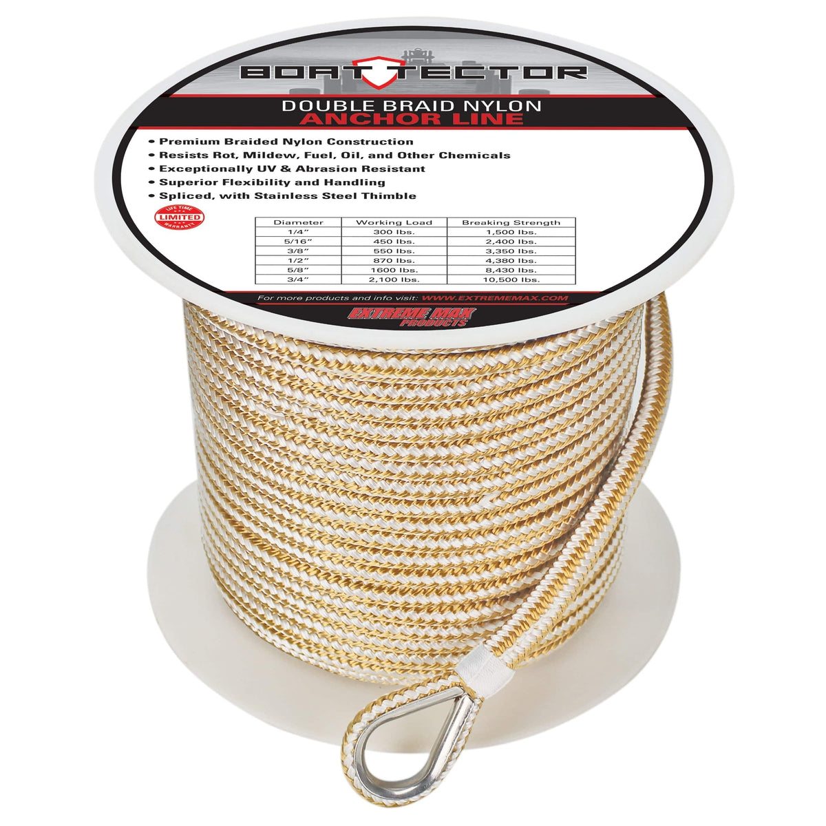 Extreme Max 3006.2252 BoatTector Premium Double Braid Nylon Anchor Line with Thimble - 3/8" x 250