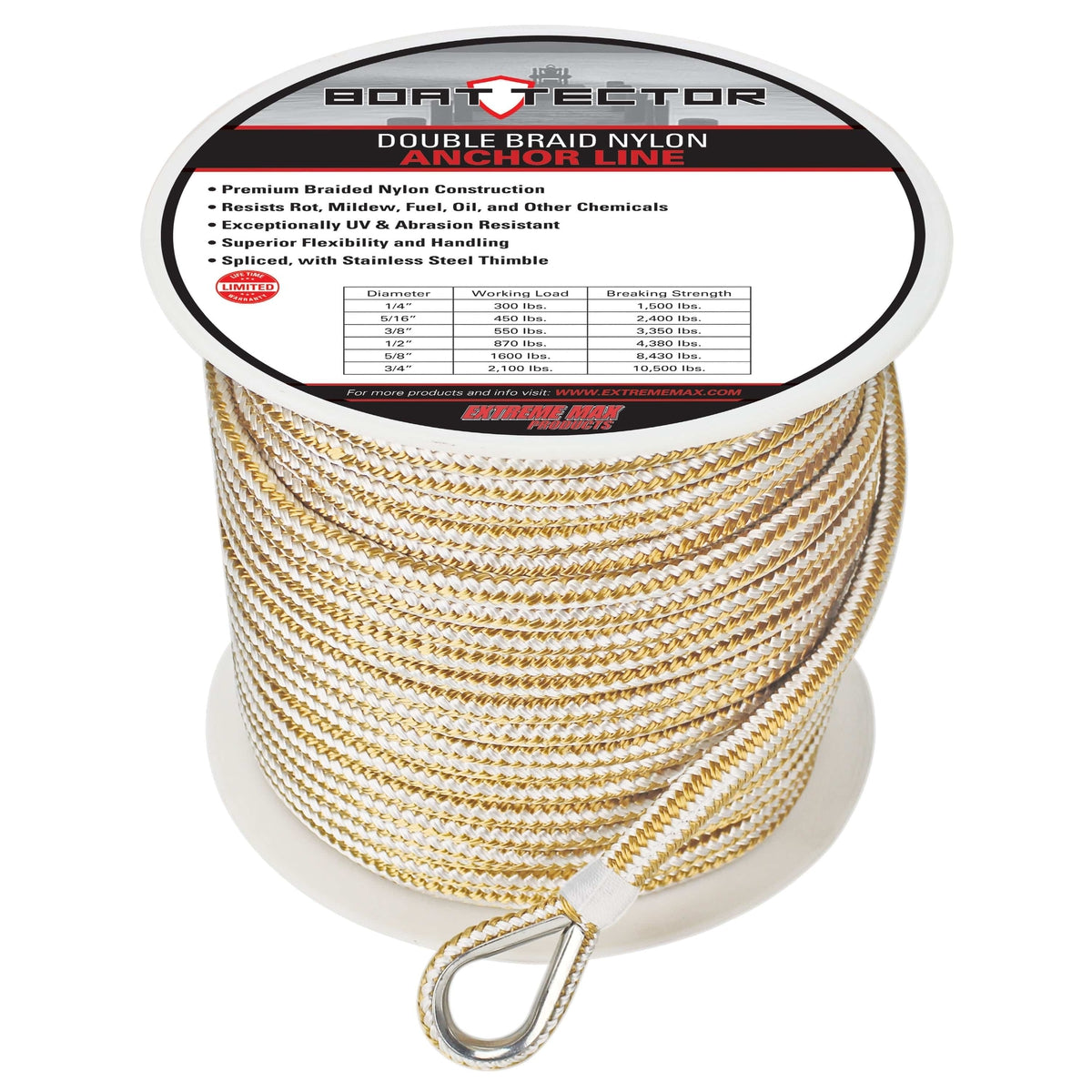 Extreme Max 3006.2347 BoatTector Premium Double Braid Nylon Anchor Line with Thimble - 3/8" x 600