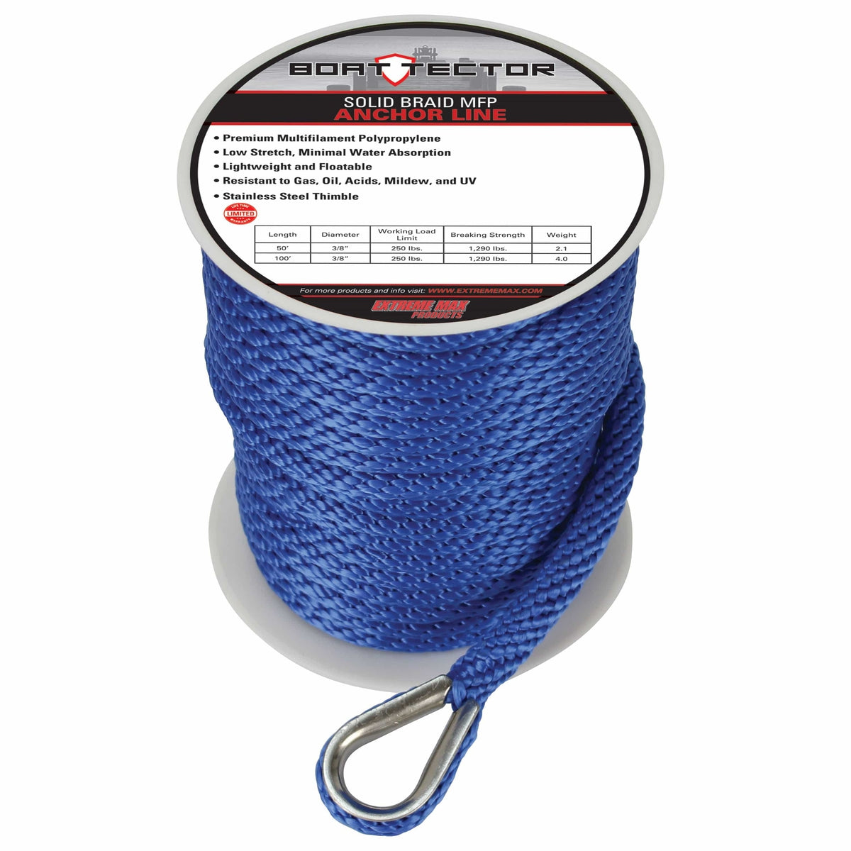 Extreme Max 3006.2705 BoatTector Solid Braid MFP Anchor Line with Thimble - 3/8" x 150