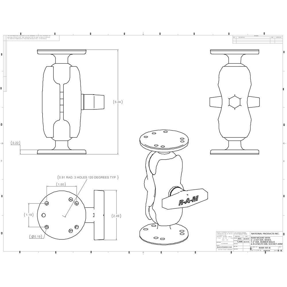 RAM 1.5" Ball Mount Short Arm 2-2.5" Round Base #RAM-101U-B