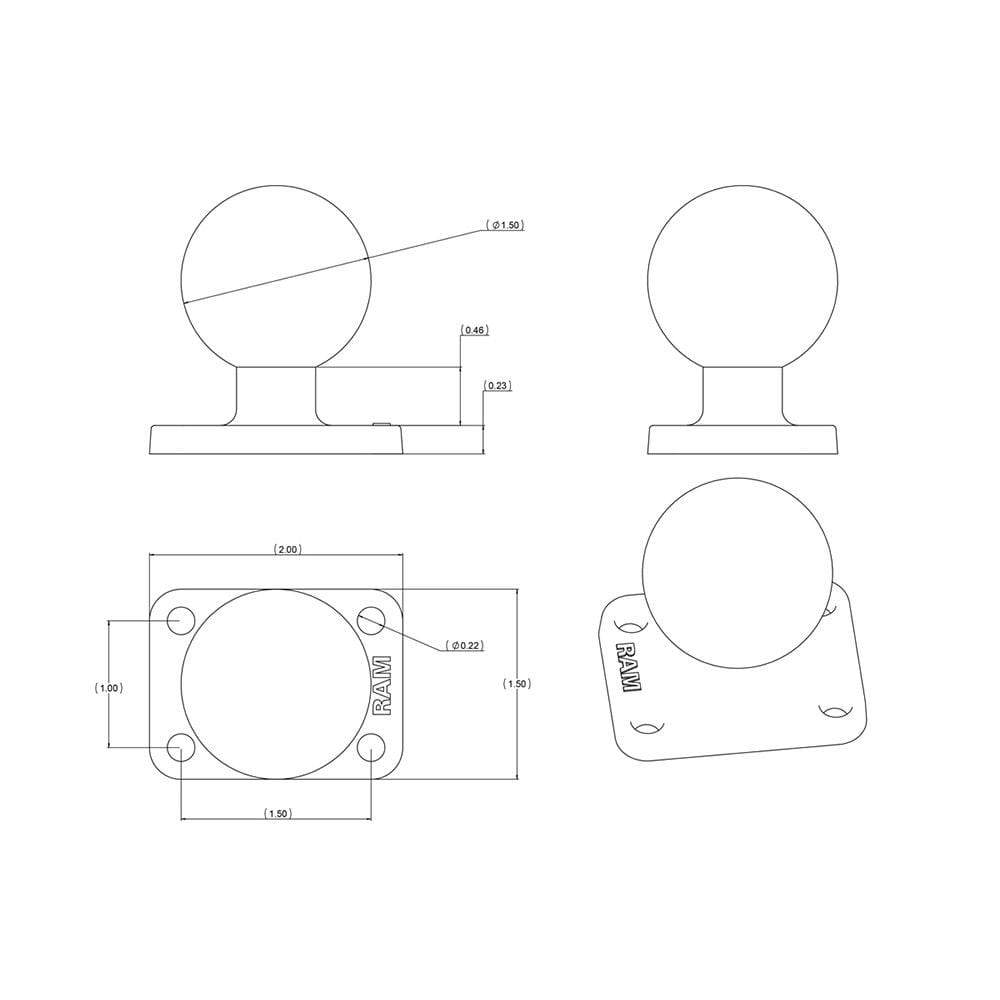 RAM Mounts 1.5" x 2" Rectangle Base with 1.5" Ball #RAM-202U-152