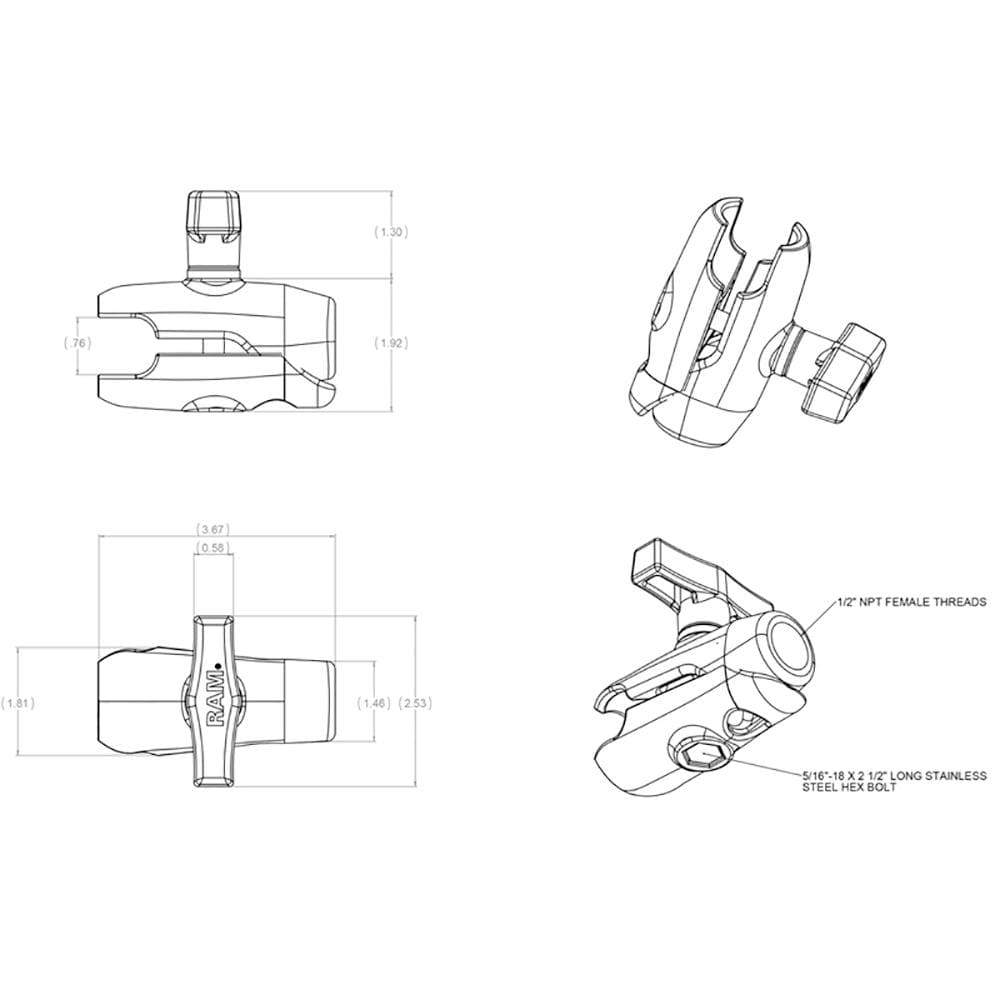 RAM Single Socket Arm with 1/2" NPT Threaded Hole #RAM-200-1U