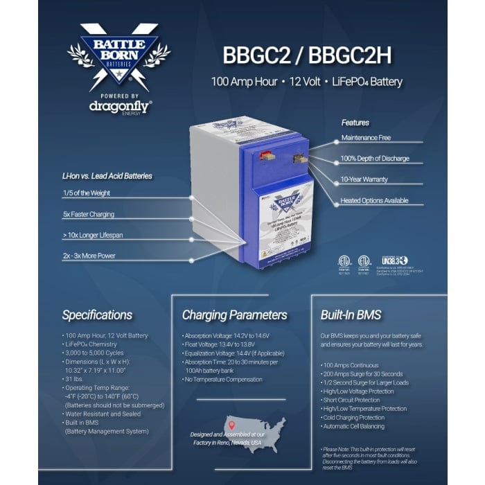 Battle Born Batteries Oversized - Not Qualified for Free Shipping Battle Born Batteries 100ah 12v GC2 Deep Cycle Battery #BBGC2