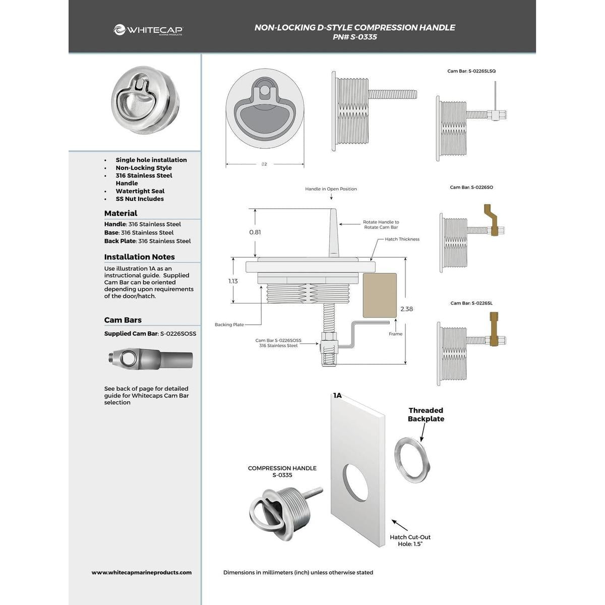 Whitecap Qualifies for Free Shipping Whitecap D-Style Comp Handle Non-Locking #S-0335C