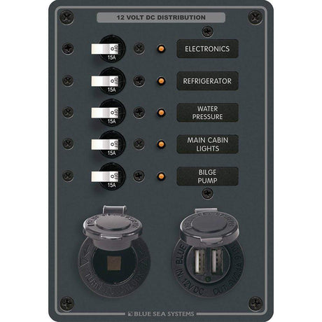 Blue Sea System Qualifies for Free Shipping Blue Sea Breaker Panel 5-Position with DC Socket & Dual USB #8120