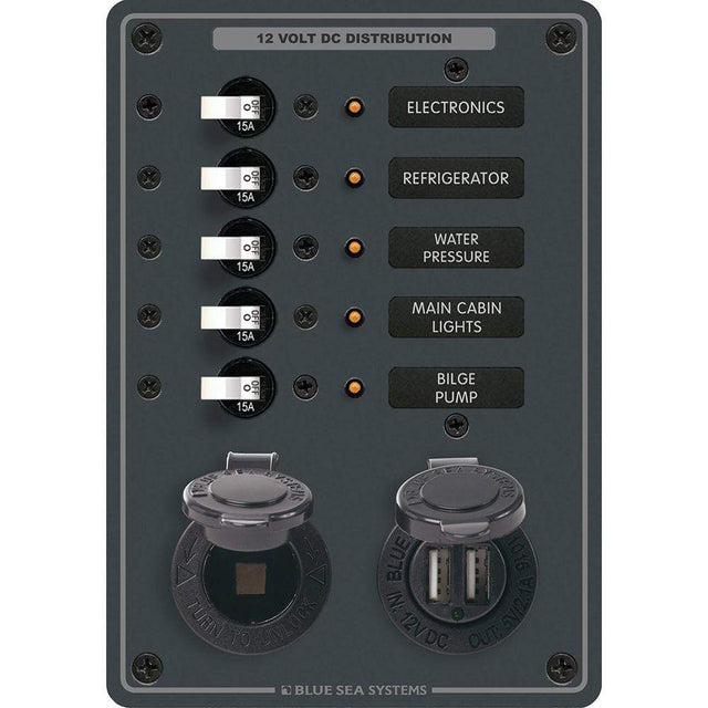 Blue Sea System Qualifies for Free Shipping Blue Sea Breaker Panel 5-Position with DC Socket & Dual USB #8120
