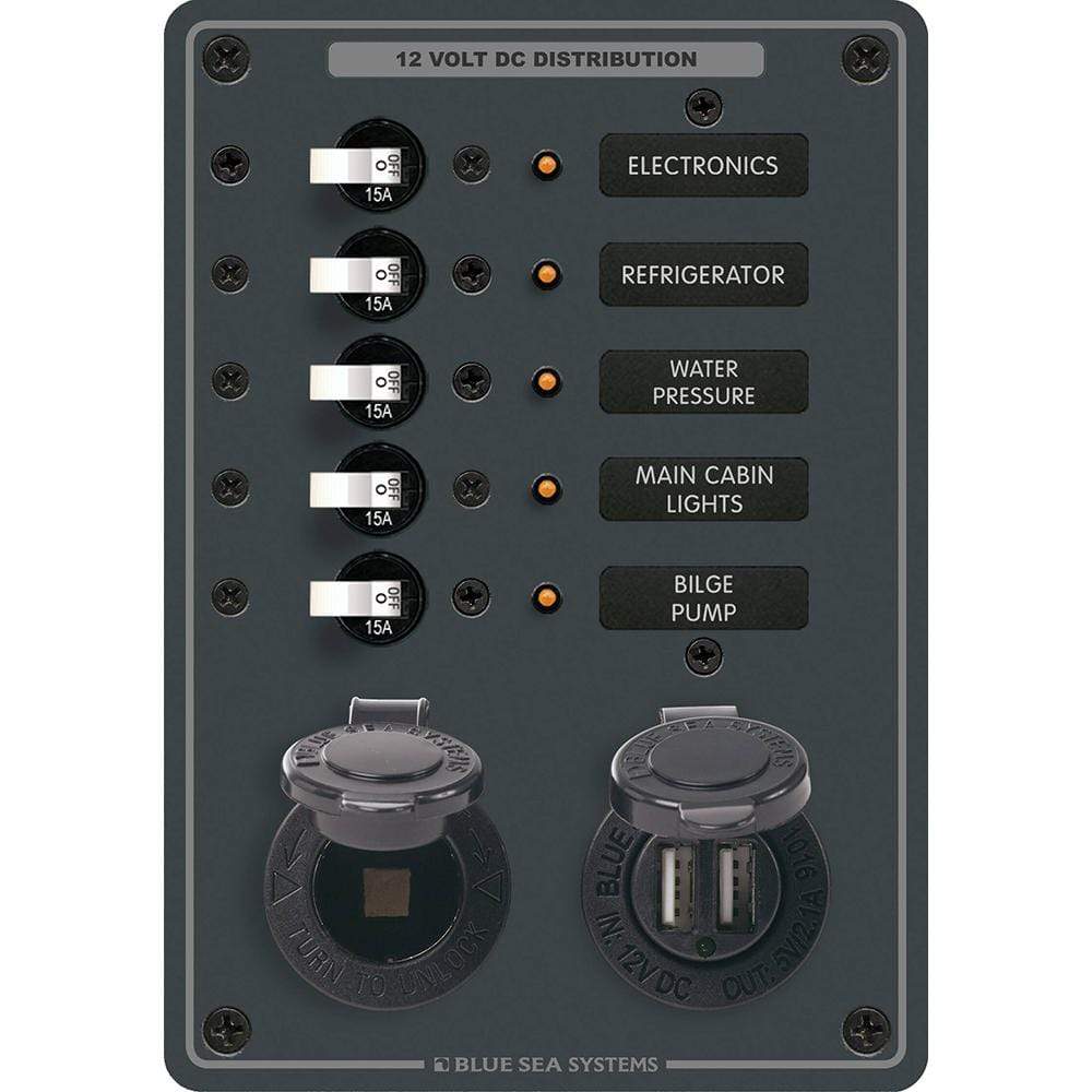 Blue Sea System Qualifies for Free Shipping Blue Sea Breaker Panel 5-Position with DC Socket & Dual USB #8120