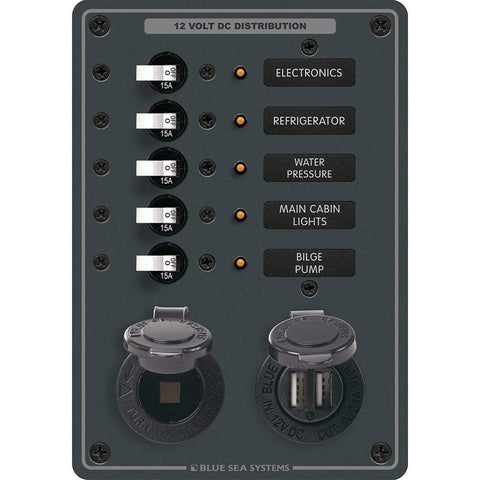 Blue Sea System Qualifies for Free Shipping Blue Sea Breaker Panel 5-Position with DC Socket & Dual USB #8120