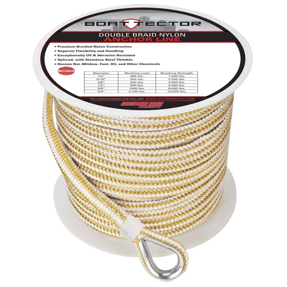 Extreme Max Qualifies for Free Shipping Extreme Max DB Nylon Anchor Line 1/2" 200' White/Gold #3006.2261