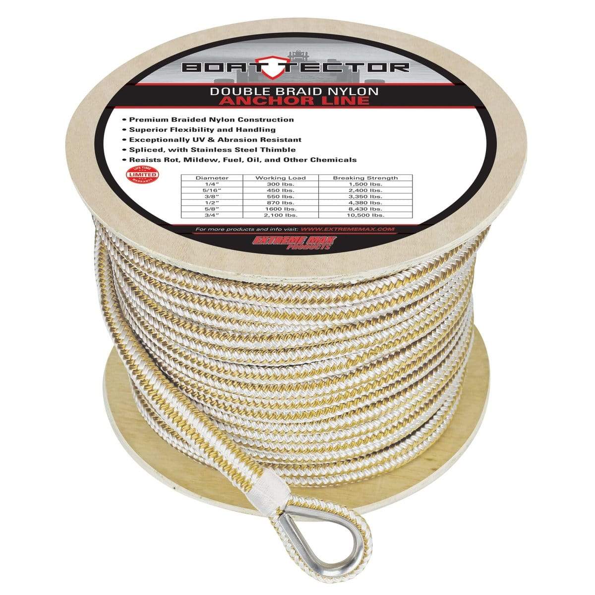 Extreme Max Qualifies for Free Shipping Extreme Max DB Nylon Anchor Line 1/2" 250' White/Gold #3006.2264