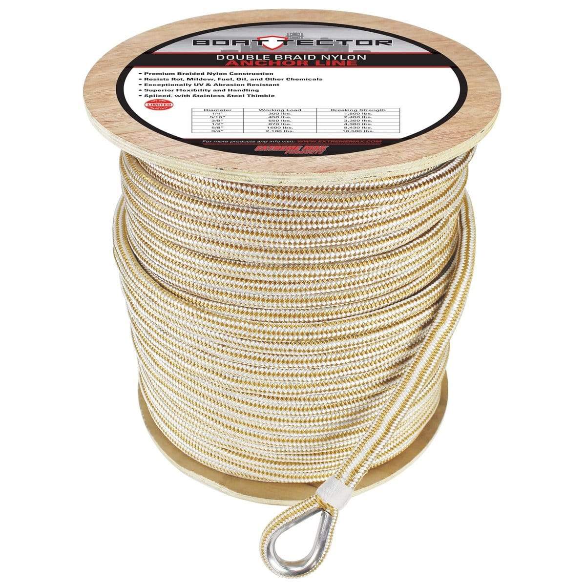 Extreme Max Not Qualified for Free Shipping Extreme Max DB Nylon Anchor Line 5/8" 600' White/Gold #3006.2282