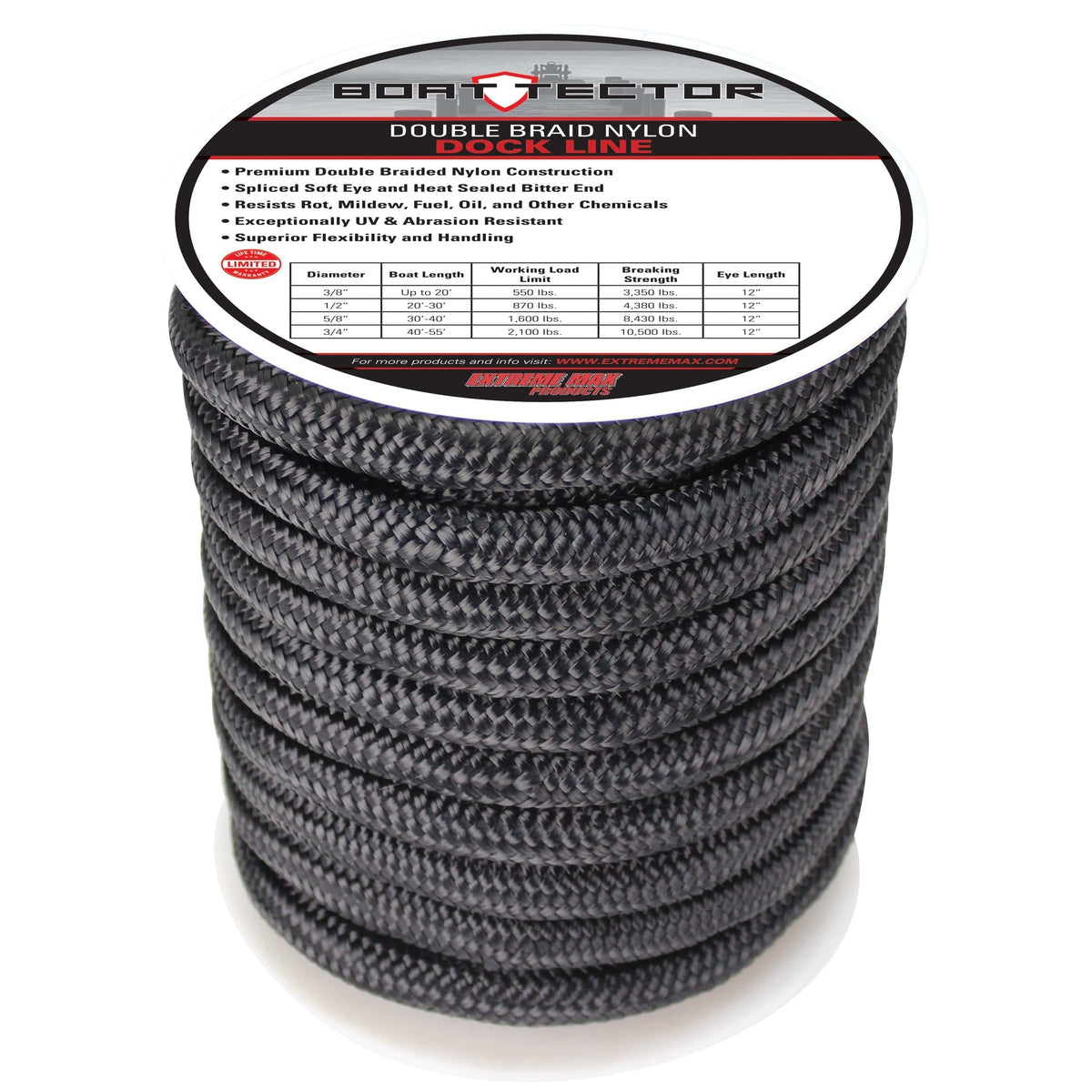 Extreme Max DB Nylon Dock Line 3/4" 60' Black #3006.2318