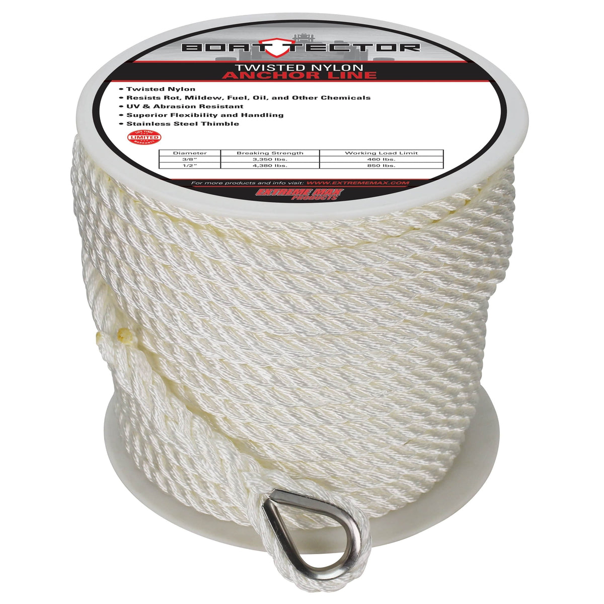 Extreme Max Twisted Nylon Anchor Line 1/2" 200' White #3006.2306
