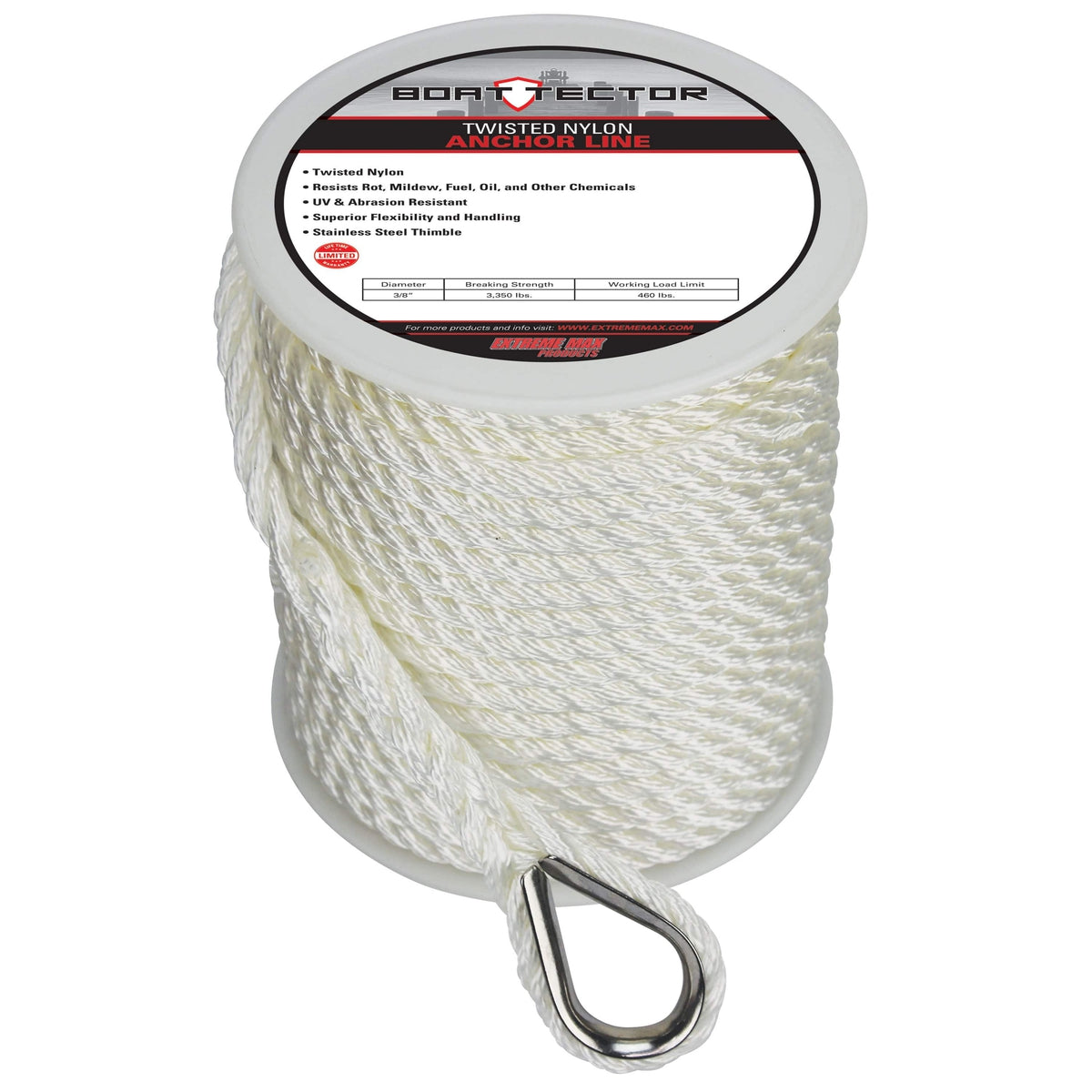 Extreme Max Twisted Nylon Anchor Line 3/8" 100' White #3006.2078