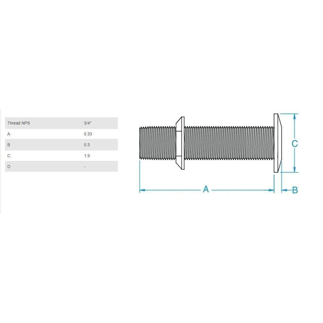 GROCO Qualifies for Free Shipping GROCO 3/4" SS Extra Long Thru-Hull Fitting with Nut #THXL-750-WS