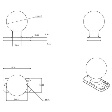 RAM 1" x 2" Rectangle Base with 1.5" Ball #RAM-202U-12