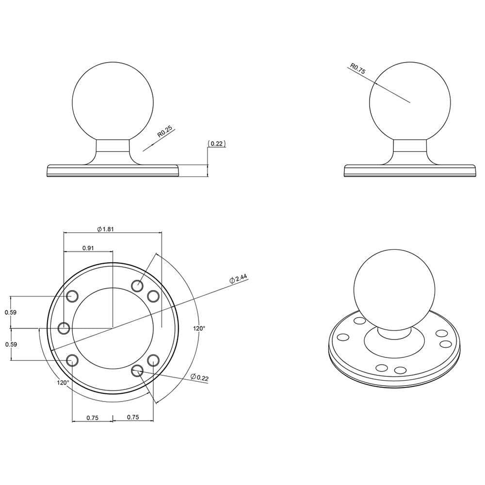Ram Mounts Qualifies for Free Shipping RAM 2-1/2" Diameter Base with 1.5" Ball #RAM-202U