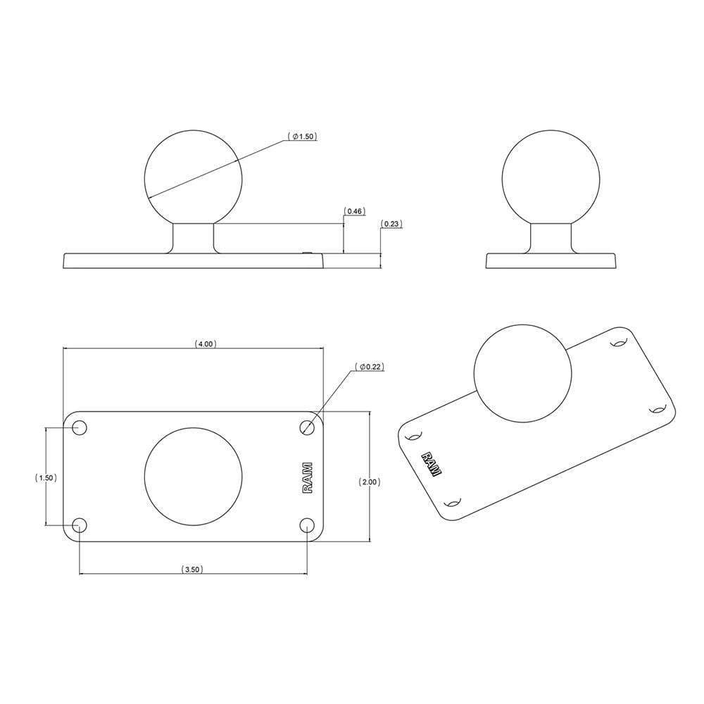 Ram Mounts Qualifies for Free Shipping RAM 2" x 4" Rectangle Base with 1.5" Ball #RAM-202U-24