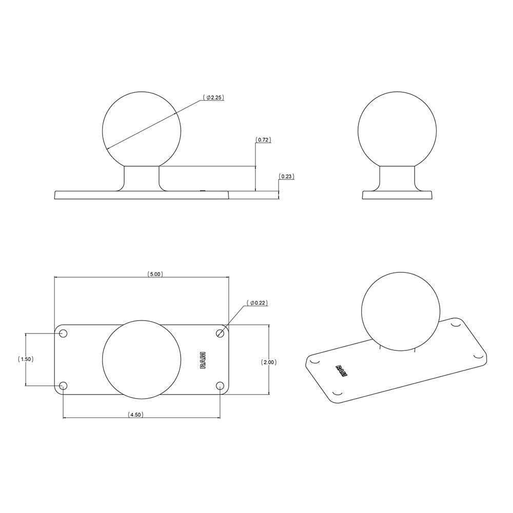 Ram Mounts Qualifies for Free Shipping RAM 2" x 5" Rectangle Base with 2.25" Ball #RAM-D-202U-25
