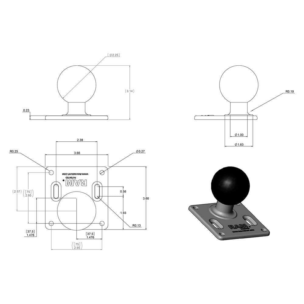 RAM 3.625" Square Plate 75x75 mm Versa Pattern 2.25" #RAM-D-2461U