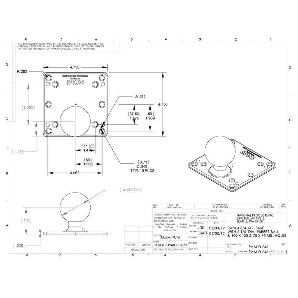 RAM 4.75 Sq Vera Base 100x75 mm with 2.25" Ball #RAM-D-246U