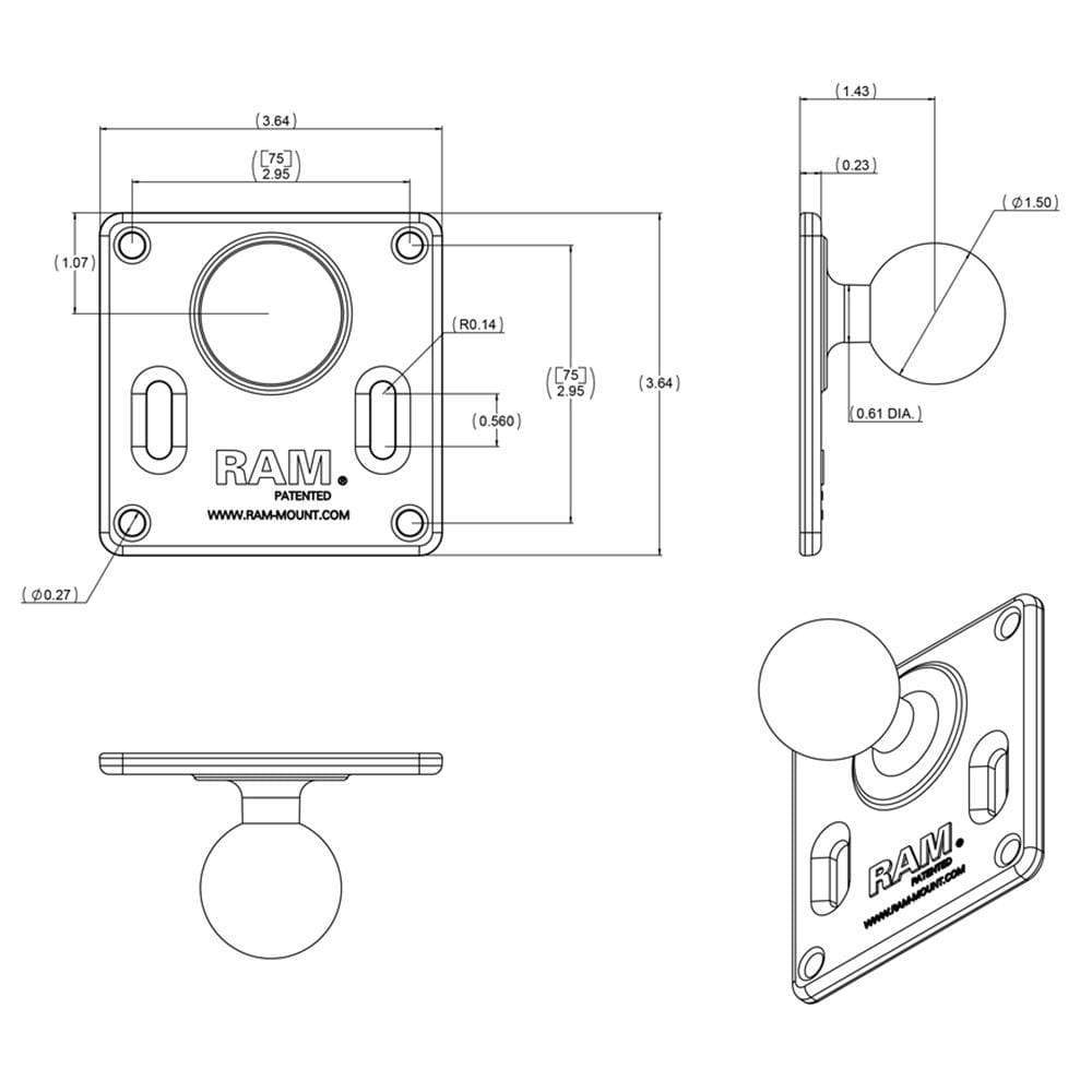 Ram Mounts Qualifies for Free Shipping RAM 75x75 mm Vesa 3.625" Plate with 1.5" Ball #RAM-2461U
