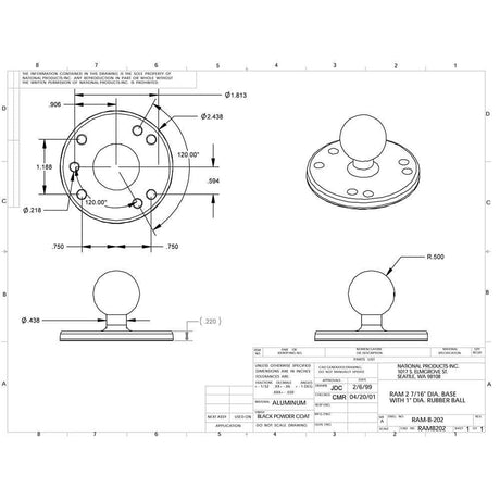 RAM Chrome 2-1/2" Base with 1" Ball #RAM-B-202CHU