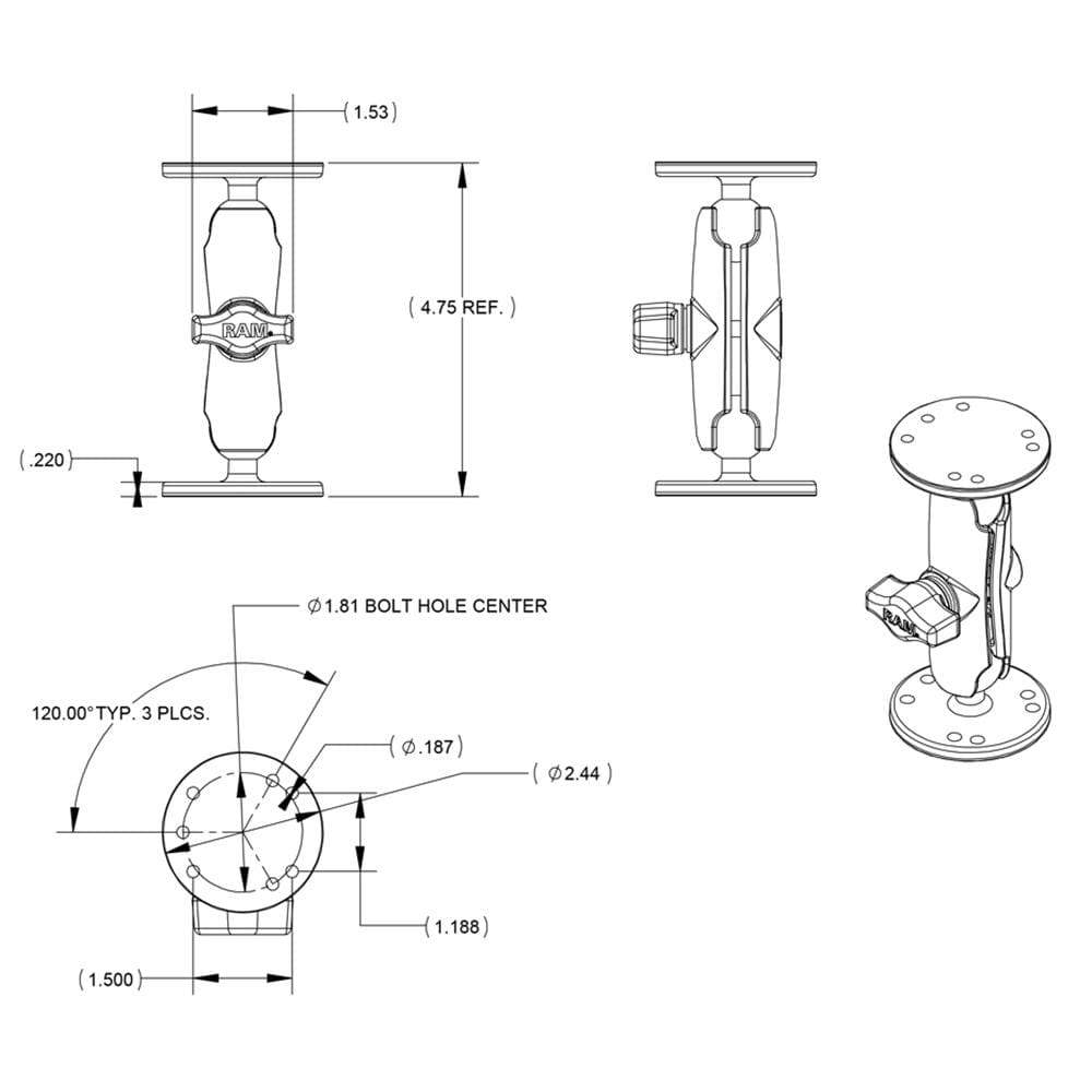 RAM Double Socket Arm with 2 2.5" Round Bases #RAM-B-101U