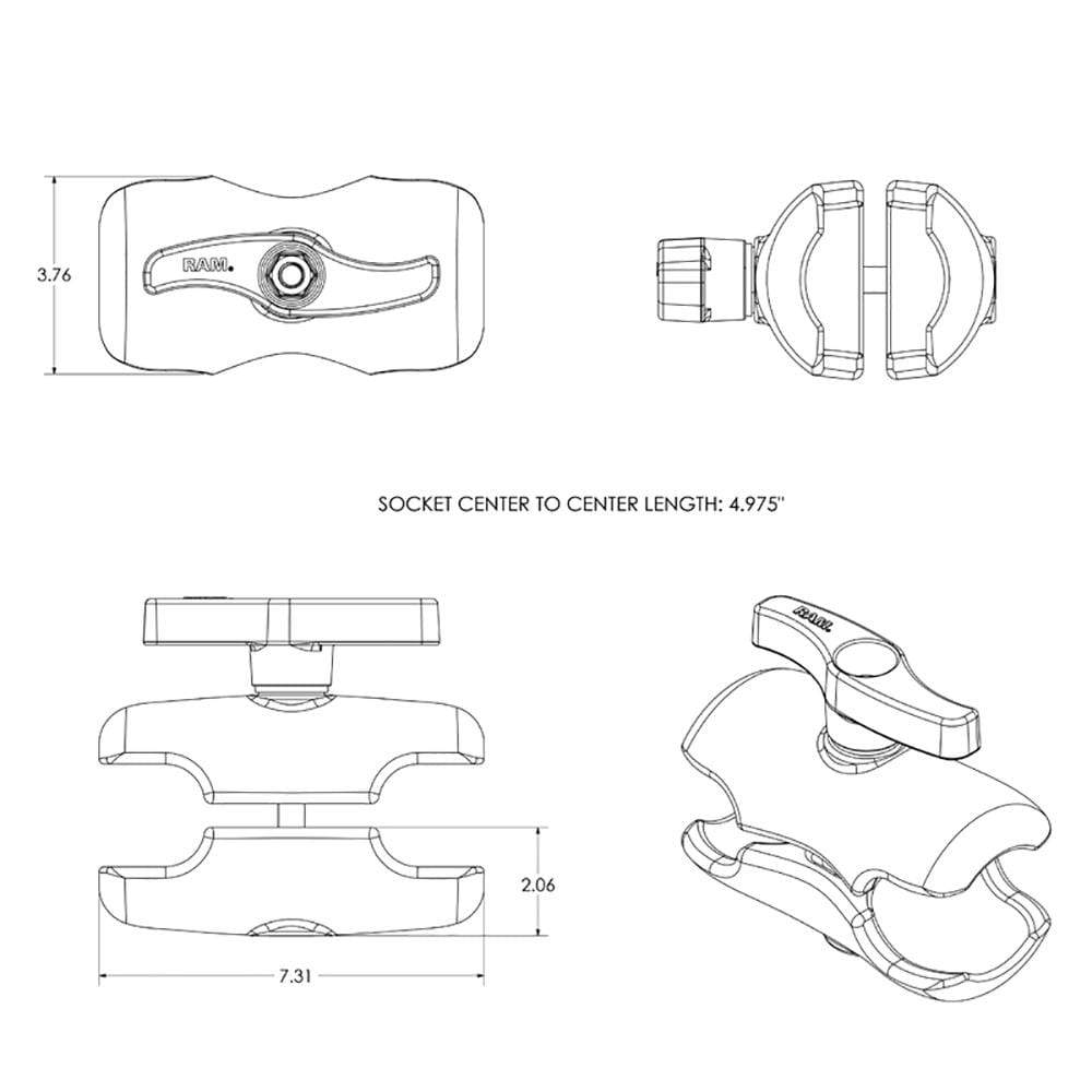 RAM Double Socket Short Arm for 3.38 E Size Ball Base #RAM-E-201U-D