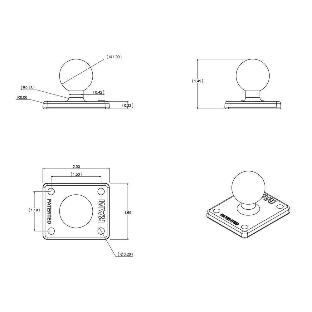Ram Mounts Qualifies for Free Shipping RAM Square 2 x1.7 Base with 1 Ball #RAM-B-347U