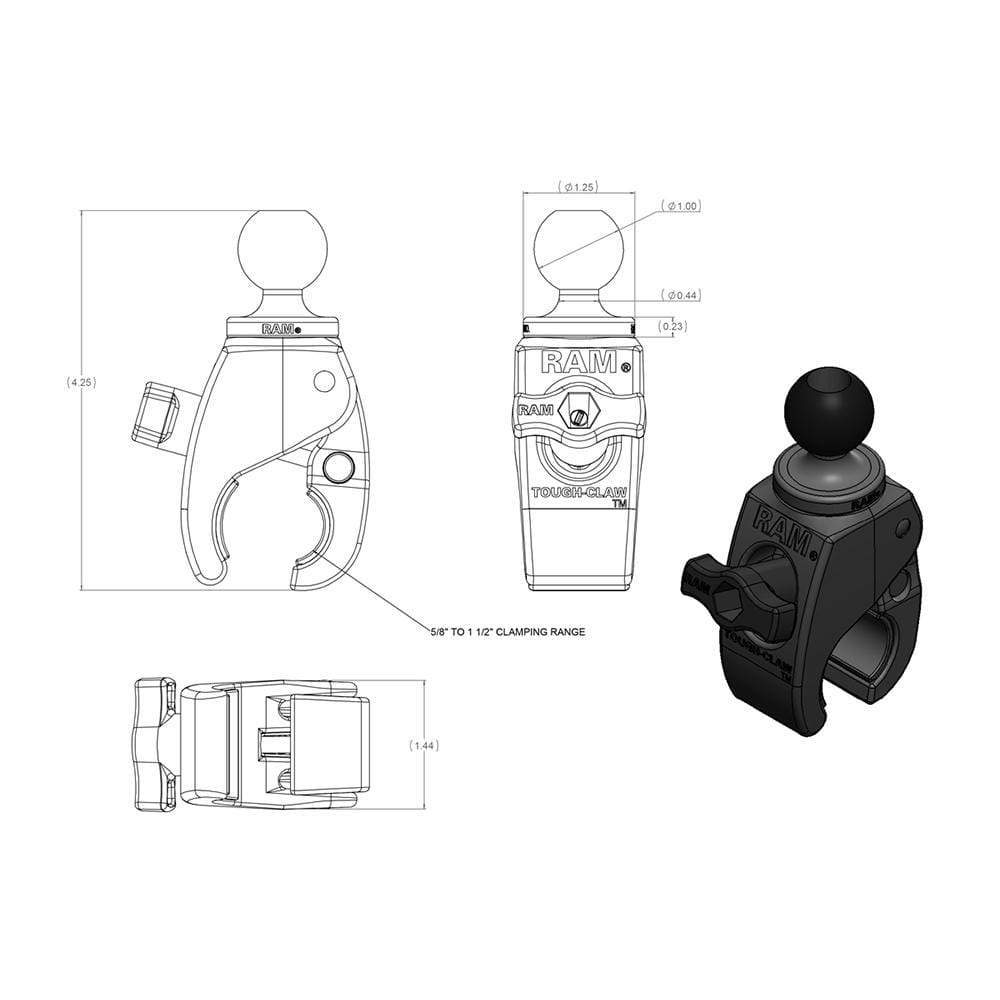 Ram Mounts Qualifies for Free Shipping RAM Tough-Claw with 1" Rubber Ball #RAP-B-400U