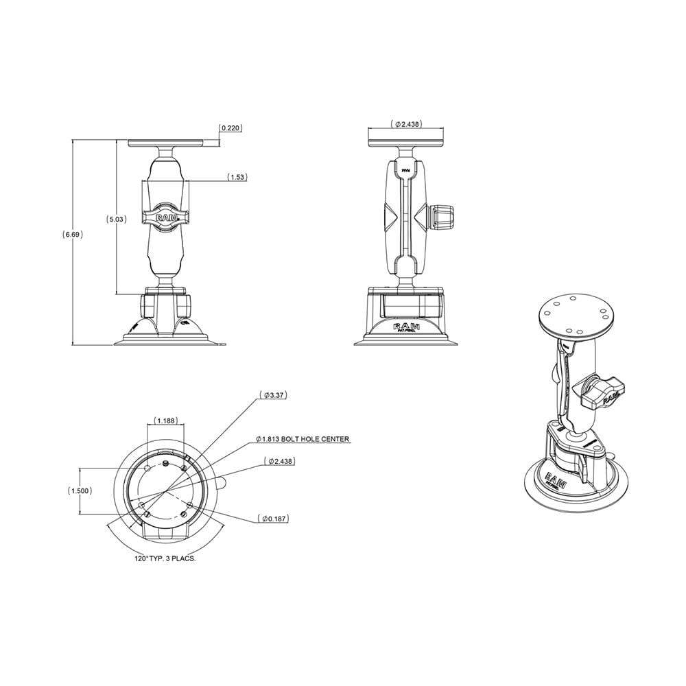 RAM Twist Lock Suction Cup w/Round Base Adapter #RAM-B-166-202U